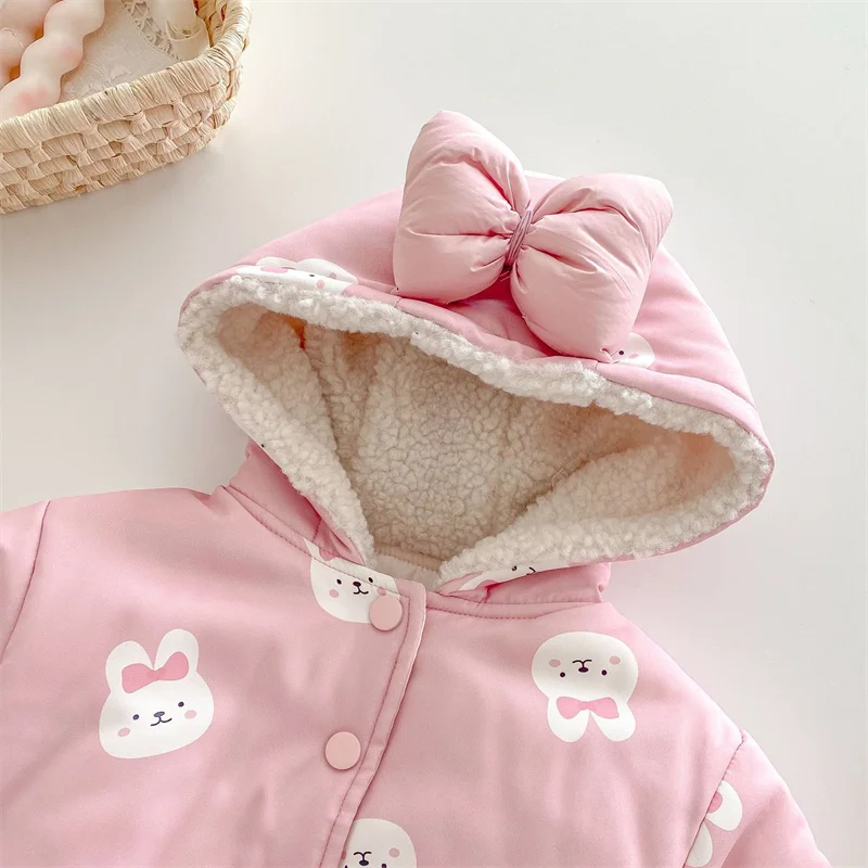 Children's Winter Coat Pink Bow New Hooded and Velvet Warm Thick Cotton Jacket Kids Outerwear Hoody for Girl