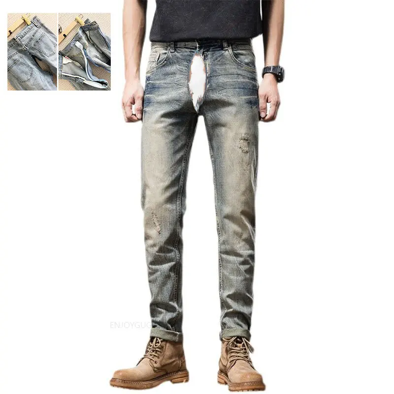 open crotch pants winter men s fleece lined thickened casual pants invisible zipper couple dating sex free off convenient Retro Worn Jeans Invisible Open-Seat Pants Outdoor Sex Convenient Ripped Slim Fit Skinny Pants Men's Fashion Denim Trousers Men