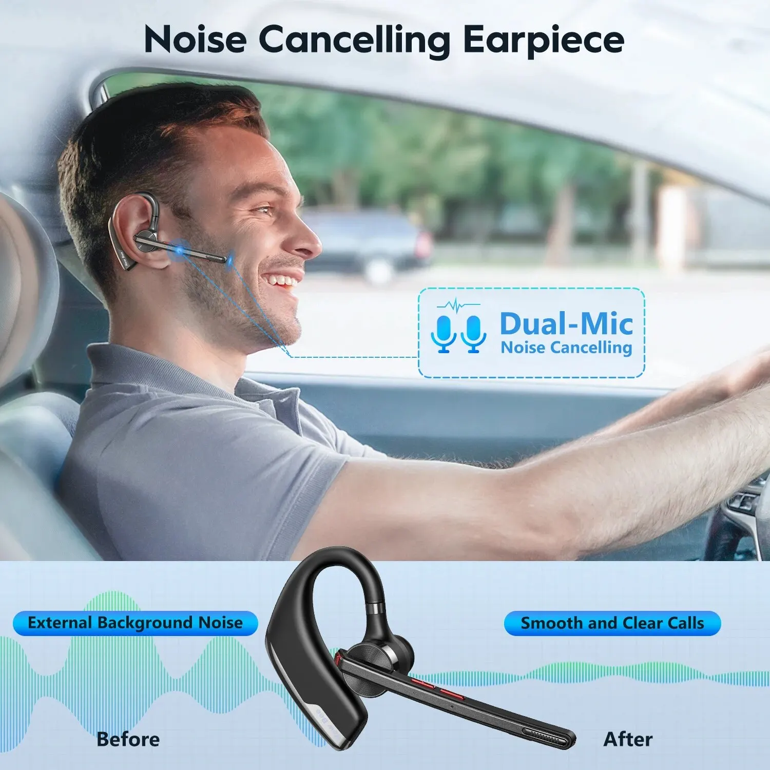 New Bee M51 Bluetooth 5.2 Wireless Headset Earphones Headphone with Dual-Mic CVC8.0 Noise Cancelling Handsfree Business Earbuds 4