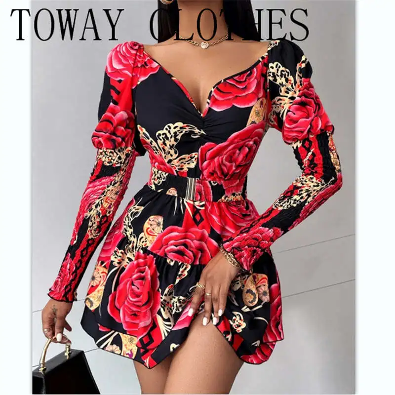 

Women Summer Off Shoulder Shirred Gigot Sleeve Mini Dress Sexy Floral Print Elegant Formal Party Outfits Silk Clothes