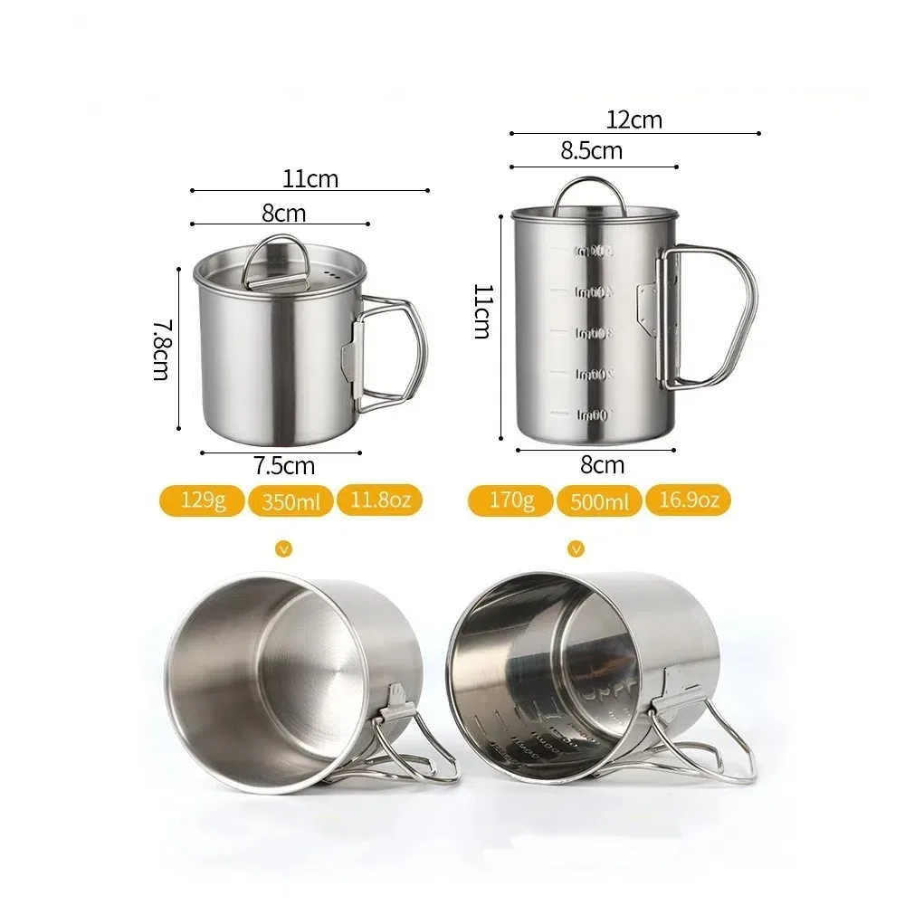 야외용 스테인레스 스틸 캠핑 머그컵 350/500ml 접이식 손잡이 캠핑 커피컵 뚜껑 포함 하이킹 여행용 물컵