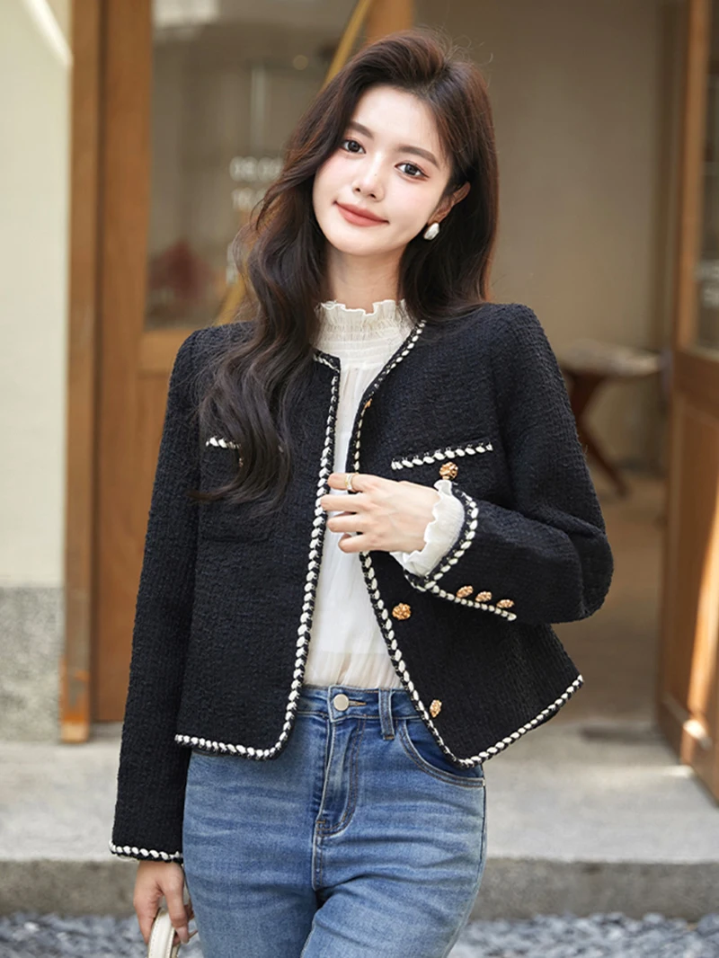 Vintage Cropped Tweed Jacket Women Black Quilted Coat Elegant Blazer Winter Ladies Single Breasted Thicken Outerwear Tops