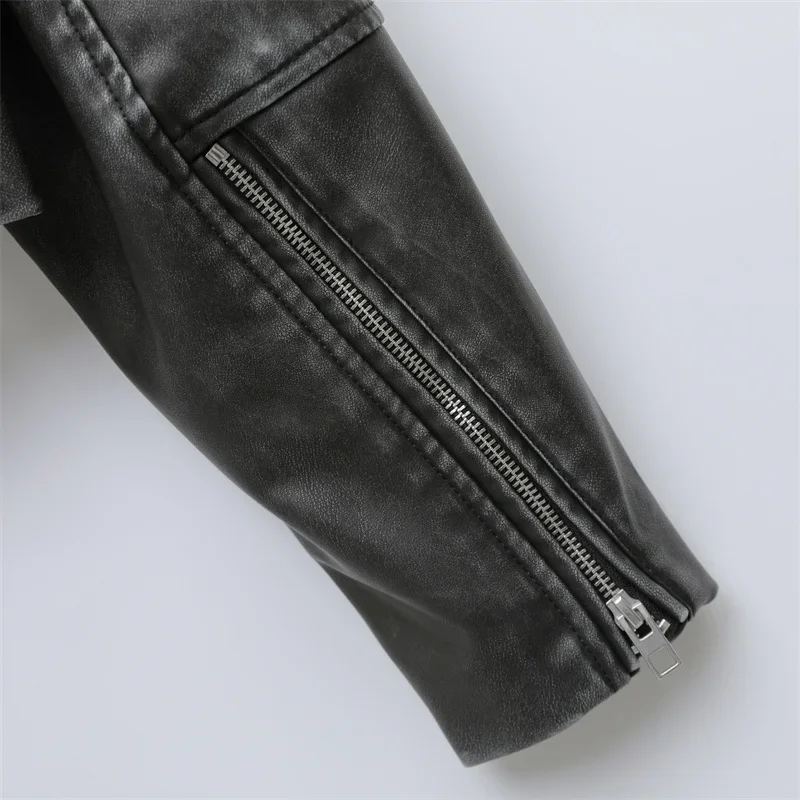 2024 Women's new short make old effect imitation leather motorcycle jacket jacket women's washed gray leather coat