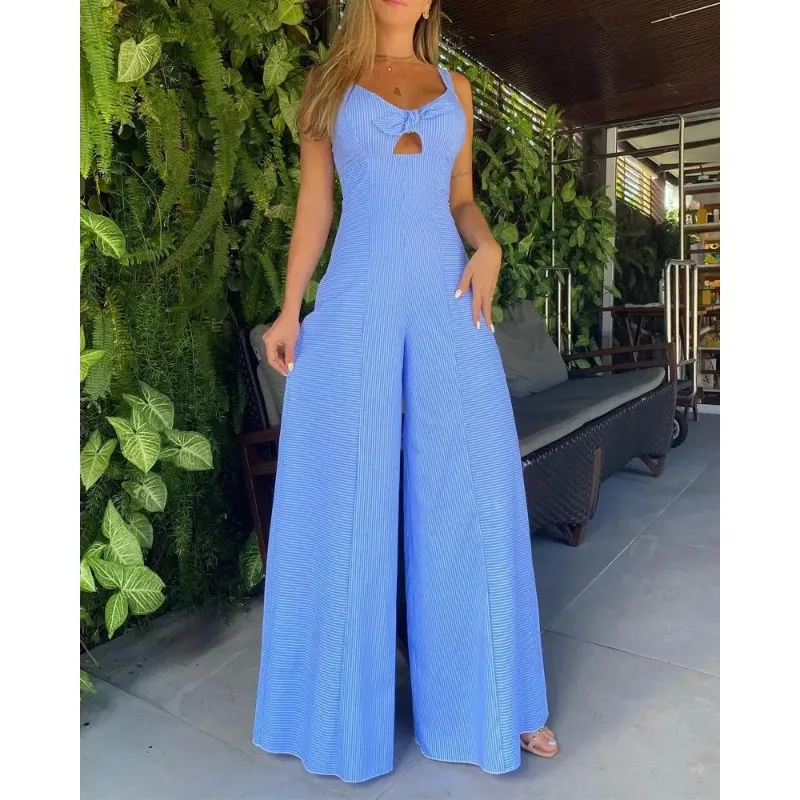 2024 New Striped Print Sleeveless Wide Leg Jumpsuit Women Loose Pants Overall Jumpsuits High Waist Spring Summer