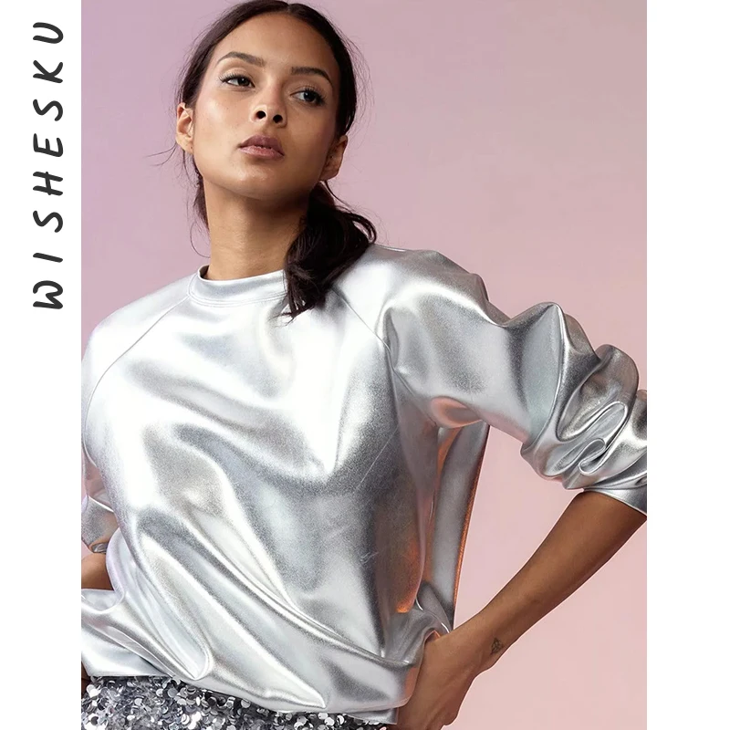 

Women O Neck Long Sleeve Metallic Silver Pullovers Coat Sexy Casual PU Sweatshirt 2023Spring Fall Nightclub Fairy Grunge Clothes