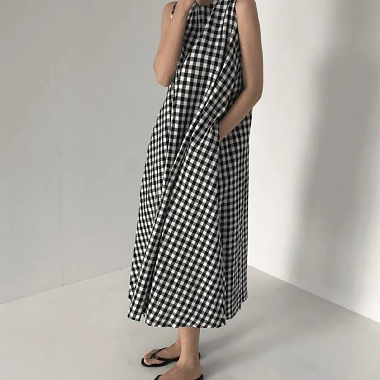 

Women’s Summer Loose Maxi Dress Plaid Suspender Skirt Round Neck Long Dresses Pregnancy Dresses for Women