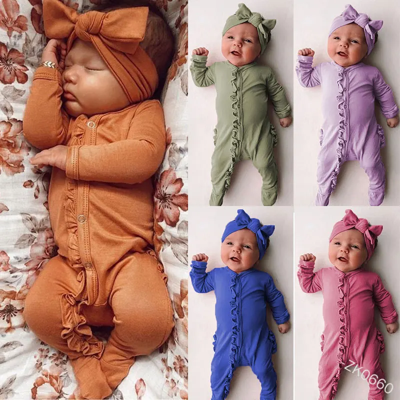 Newborn Boy Long Sleeve Ruffles Solid Color Cotton Footies Headband 2PCS Sleepwear Baby AliExpress