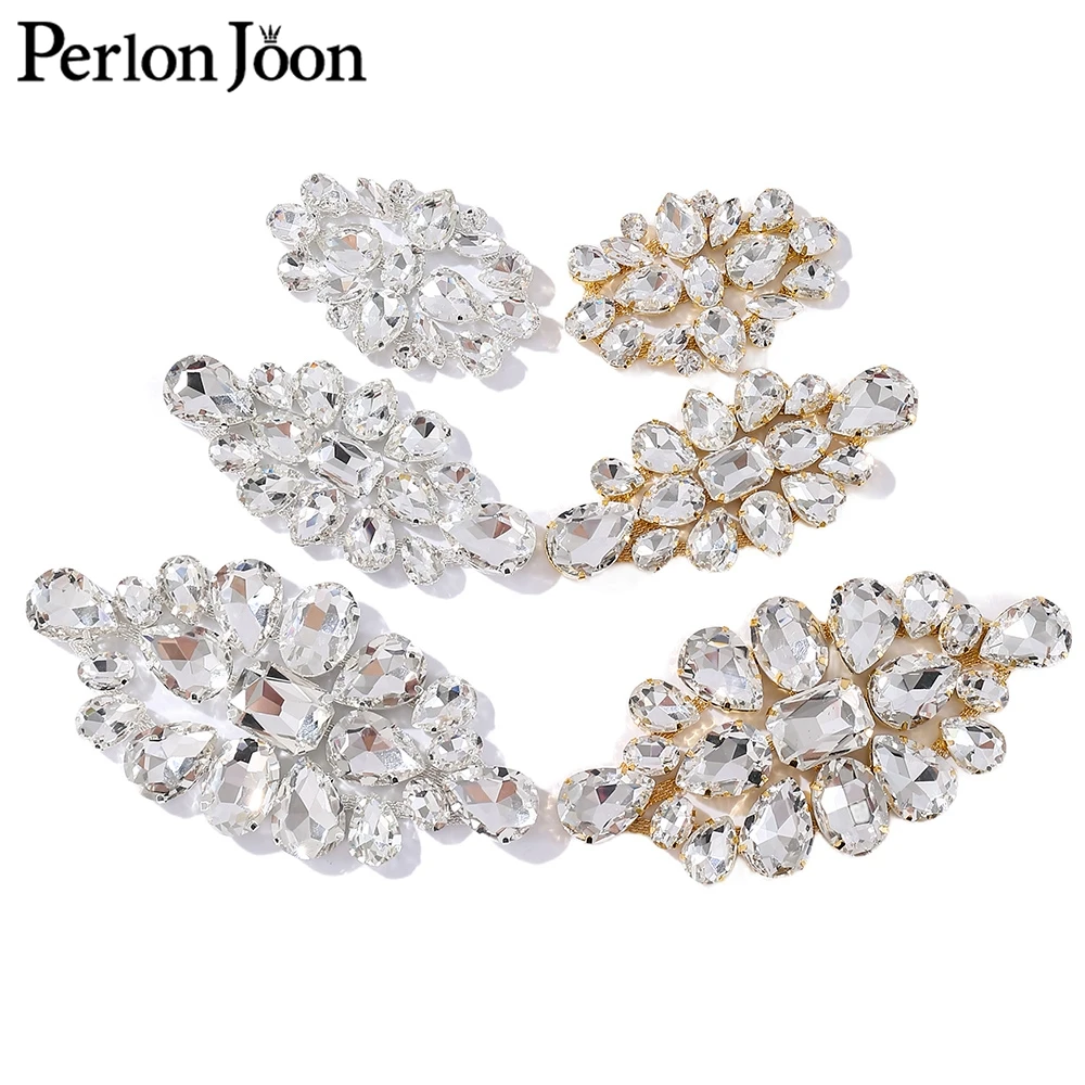 3PCS 스파클 라인 석 크리스탈 웨딩 드레스 아플리케 유리 실버 패치 패치에 바느질 신부를위한 DIY 바느질 아플리케