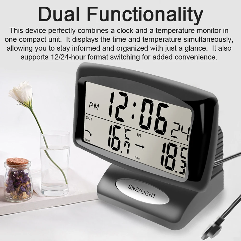 Car Clock Thermometer Car Clock Thermometer 2 in 1 Digital Clock & Temperature Meter with Backlit LCD Display 12H/24H Switching for Indoor & Outdoor