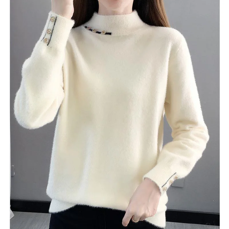 Autumn and Winter New Fashion Versatile Temperament Women's Top Splice Buttons Half High Collar Long Sleeve Solid Color Sweater