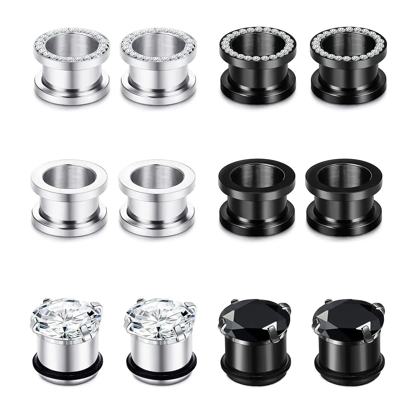 6 Pairs Stainless Steel Ear Gauges CZ Screw Plugs Tunnel Ear Expander
