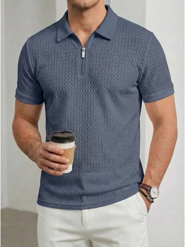 2026 Men's Business Casual Short Sleeved Bone Flower Solid Color POLO Shirt Fashion Breathable Comfortable Summer Versatile Top - Image 3