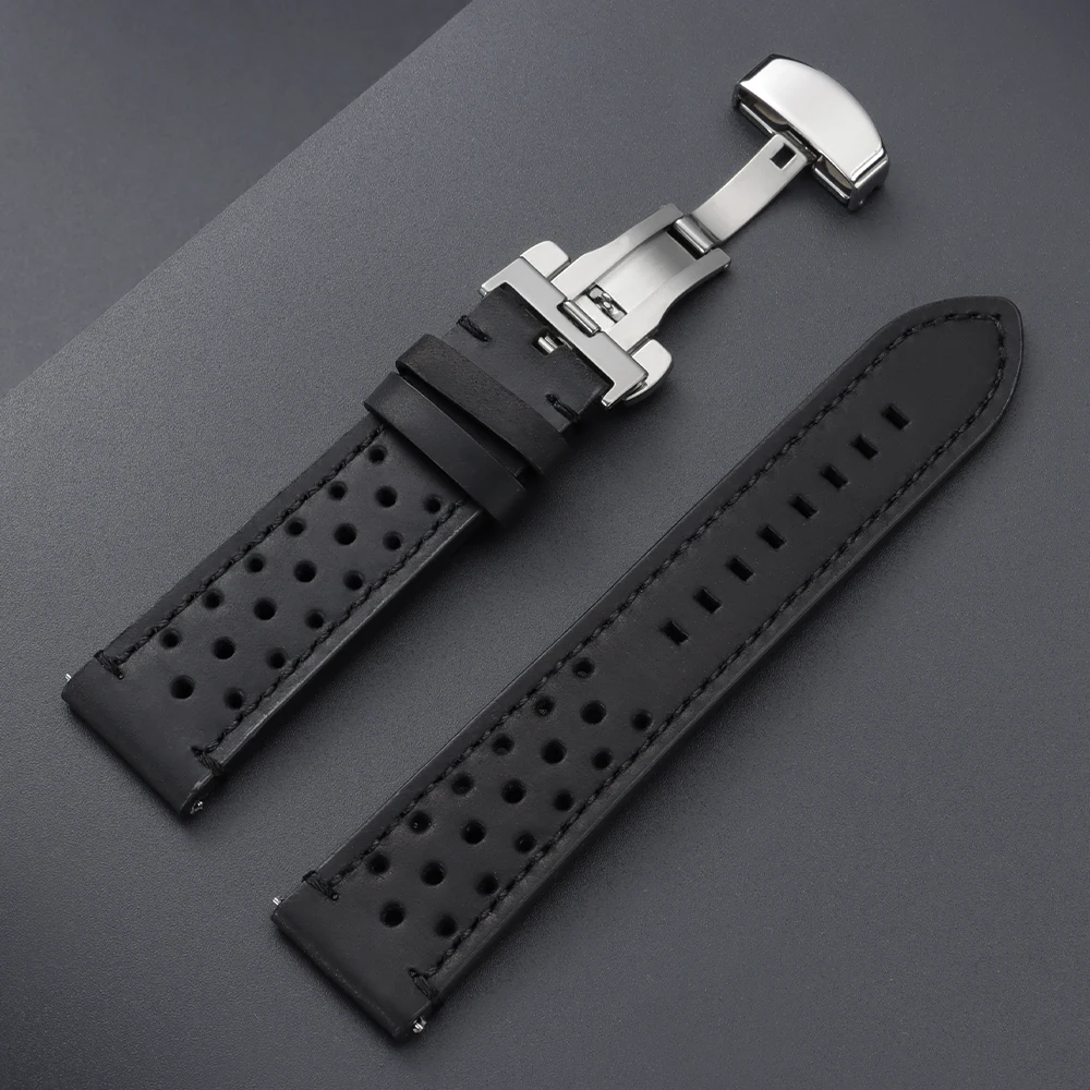 Vintage Cowhide Leather Quick Release Watch Strap with Butterfly Buckle - Brown/Black