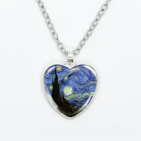 Fashion Van Gogh Art Starry Night Sunflower Necklace Glass Cabochon Painting Heart Pendant Printed Photo Necklaces 1