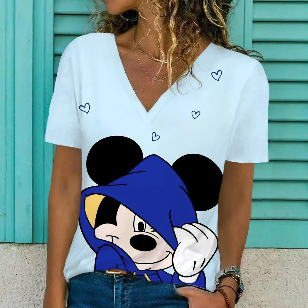 3D Disney Minnie Mickey Maus Druck Frauen T-shirt Neue Sommer Casual  Kurzarm V-ausschnitt Lose Tops Damen Große Größe 5XL Kleidung - AliExpress