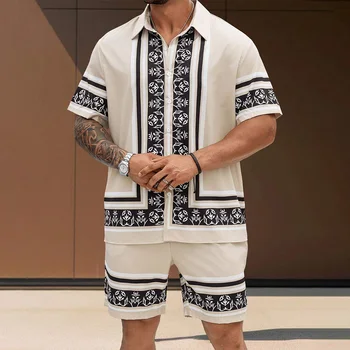 Completi da uomo in 2 pezzi per le vacanze Camicia a maniche corte e pantaloncini vintage abbottonati Set Pantaloncini in vita elastica Camicie a maniche corte