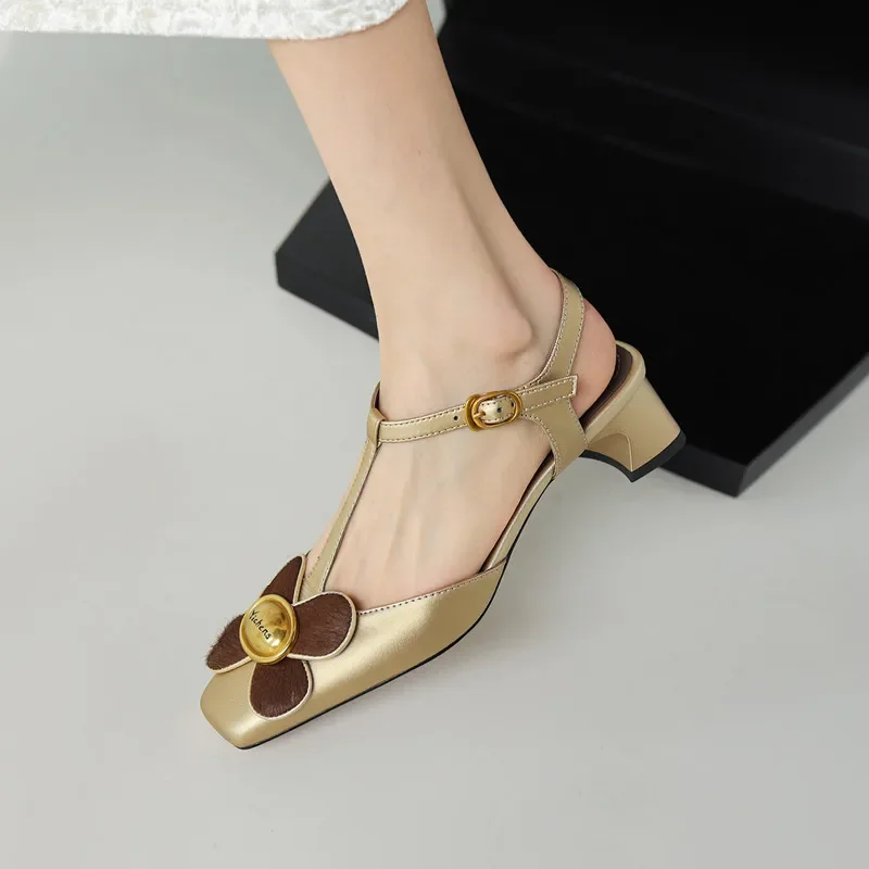 

2024 new summer women sandals natural Leather shoes 22-24.5cm cowhide+sheepskin horsehair flower t-buckle high heel women shoes