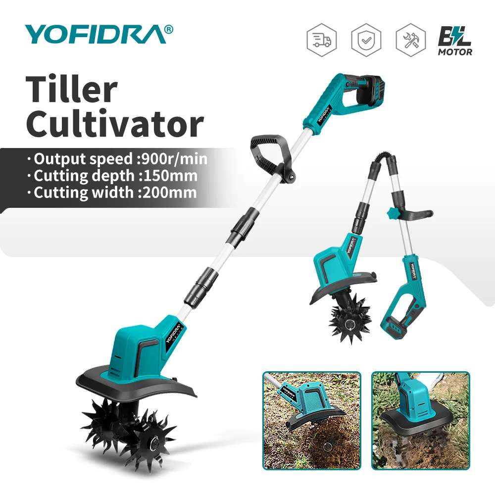 YOFIDRA cultivateur électrique sans brosse 1500W jardin tondeuse à gazon Portable outil électrique de tournage du sol pour broche de batterie Makita