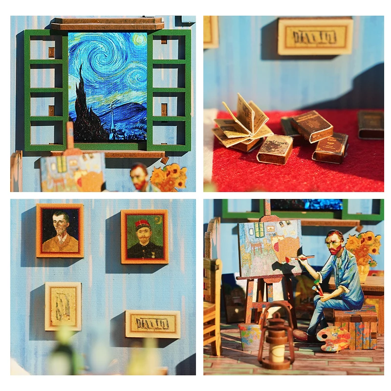 DIY Wooden Miniature Model Kit Van Gogh's Bedroom Casa Doll Houses 3D Puzzle Dollhouse With Furniture for Friends Birthday Gifts 4