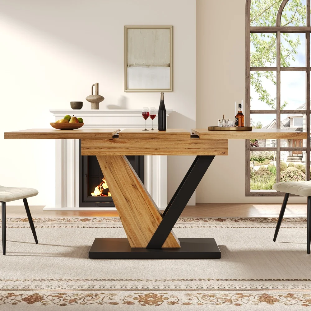 120–160 x 75 x 75,5 cm ausziehbarer Esstisch, Küchentisch, ausziehbar bis 160 cm, für Küche und Wohnzimmer, Holzplanke – Detail 5