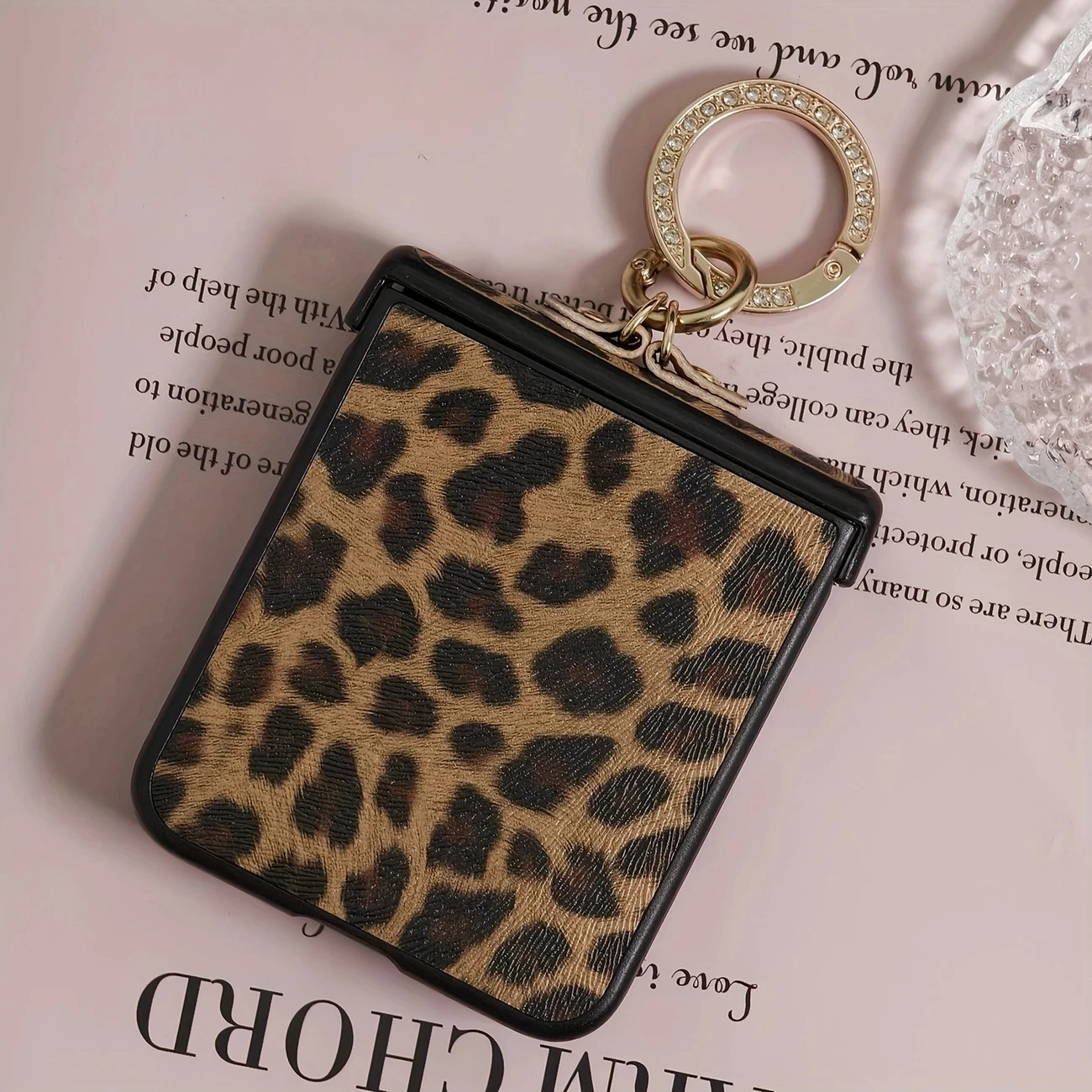 Retro Leopard Print Leather Phone Case with Diamond Plated Finger Ring Buckle