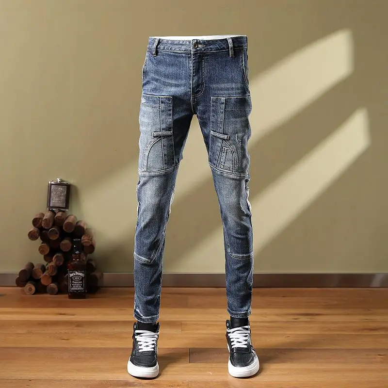 2023 New Personalized Splice Retro Fashion Korean Edition Autumn Men's Jeans Youth Elastic Feet Pants men clothing