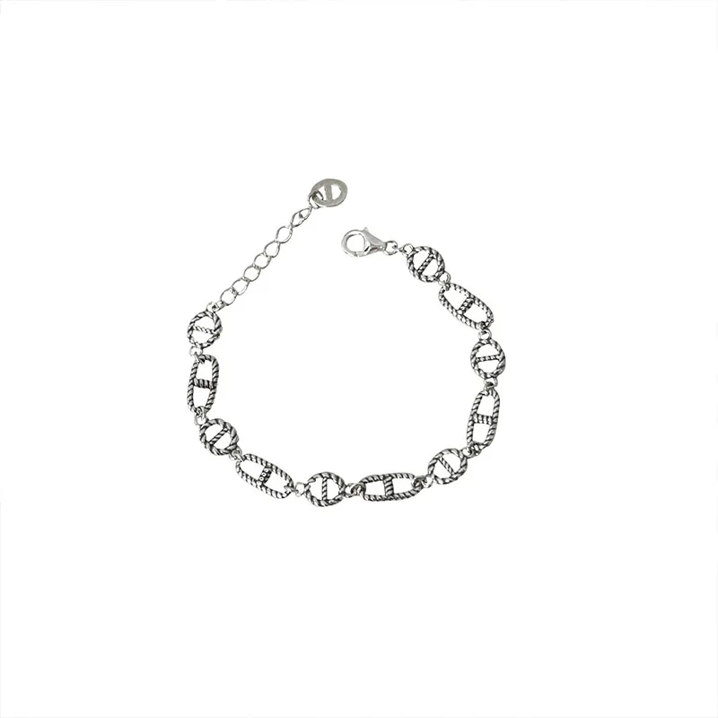 

S925 Sterling Silver Vintage Distressed Pig Nose Fried Dough Twists Bracelet Female Personality Trend ins Style Handwear