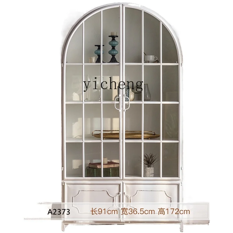 

Zc Iron Bookcase with Glass Door Arch White Retro Living Room Display Cabinet Wall Integrated Wine Cabinet