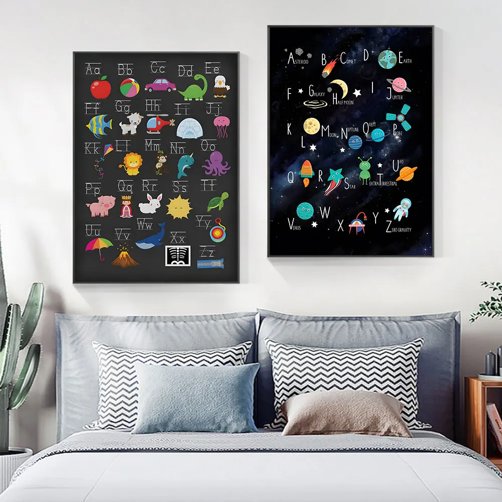 

Картина с мультяшным космическим планшетом алфавит для обучения малыша космический алфавит на холсте Художественная печать Настенная картина для декора спальни