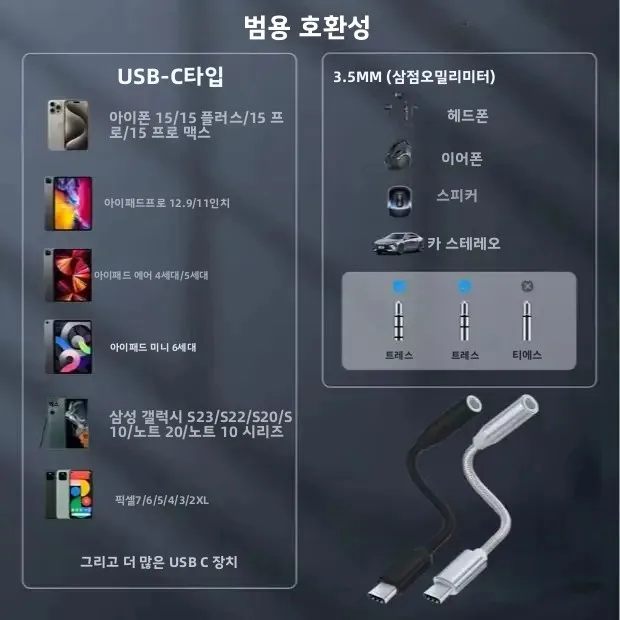 USB 타입 C에서 3.5mm 헤드폰 잭 어댑터, USB C에서 Aux 오디오 어댑터 케이블, 모든 타입 C 기기용