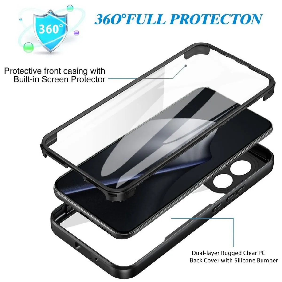 360° Shockproof Phone Case with Built-in Screen Protector and Transparent Back