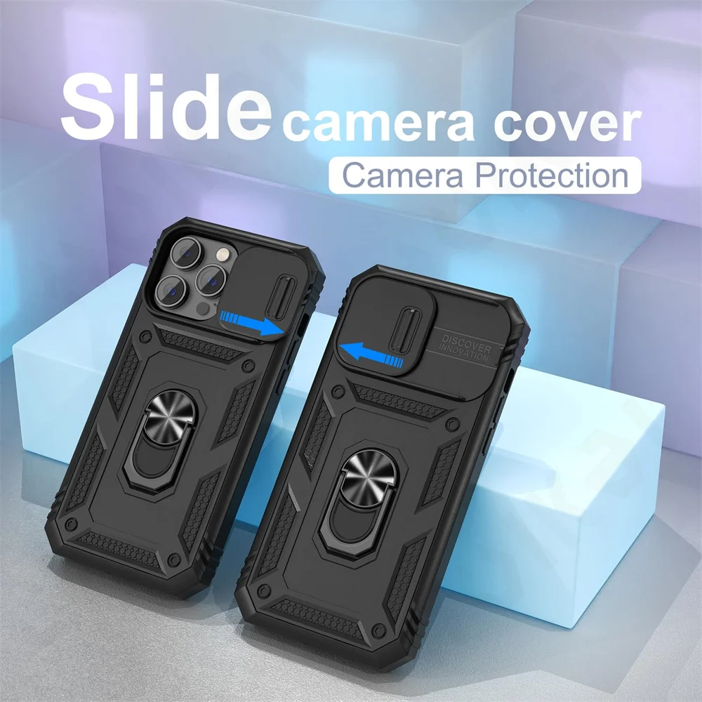 Case For iPhone 15 Pro Max  15Pro 15 15 Plus Full Body Rugged Protective Slide Camera Stand Protection Ring Cover