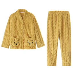 Women Winter Coral Fleece Pajamas Set Flannel Pyjamas Sleepwear Homewear Long Sleeves Thick Warm Velvet Female Nighwear Suit