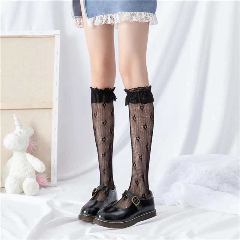 Sexy Women Stocking Lolita Uniform Thin Long Socks  Lace Mesh Fishnet Silk Stockings Love heart black Knee Sock Summer Underwear