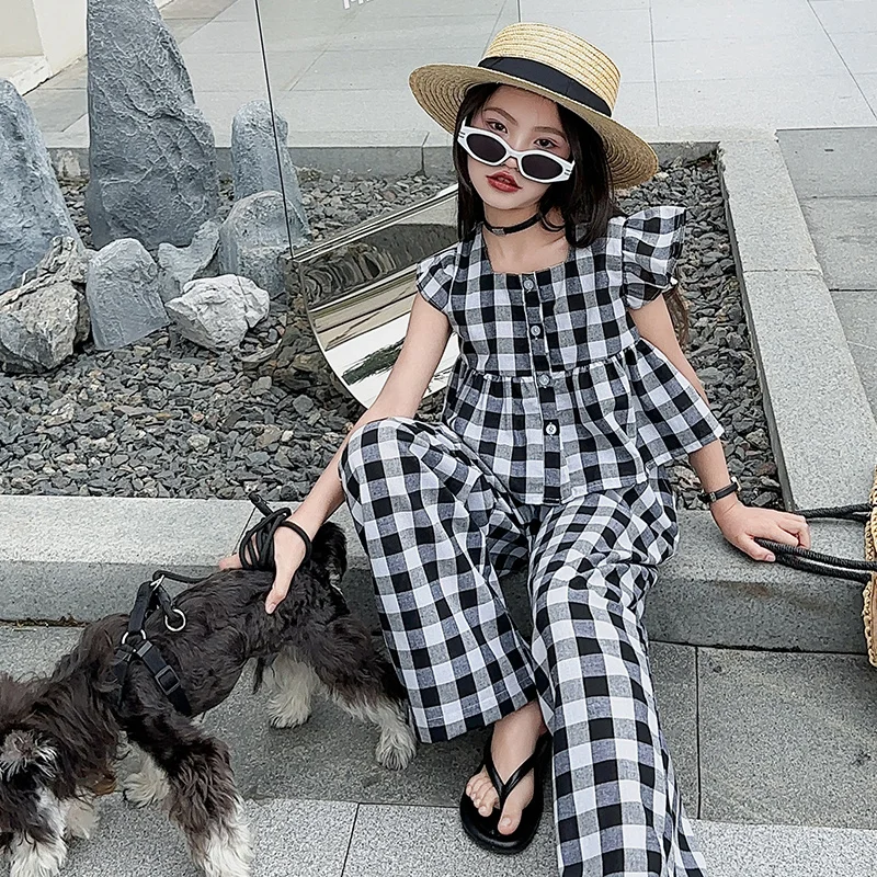 주니어 걸스 클래식 격자 무늬 세트, 세련된 러플 슬리브 탑, 와이드 레그 팬츠, 십대 어린이 세트, 청소년 의상, 4-14