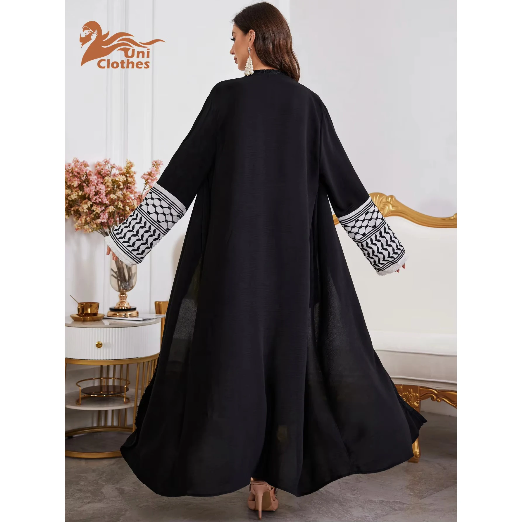 UNI Ramadan Abaya Kimono Keffiyeh Embroidery Tassels Muslim Open Abayas Women Dubai Luxury Islam Cardigan Dress Kaftan