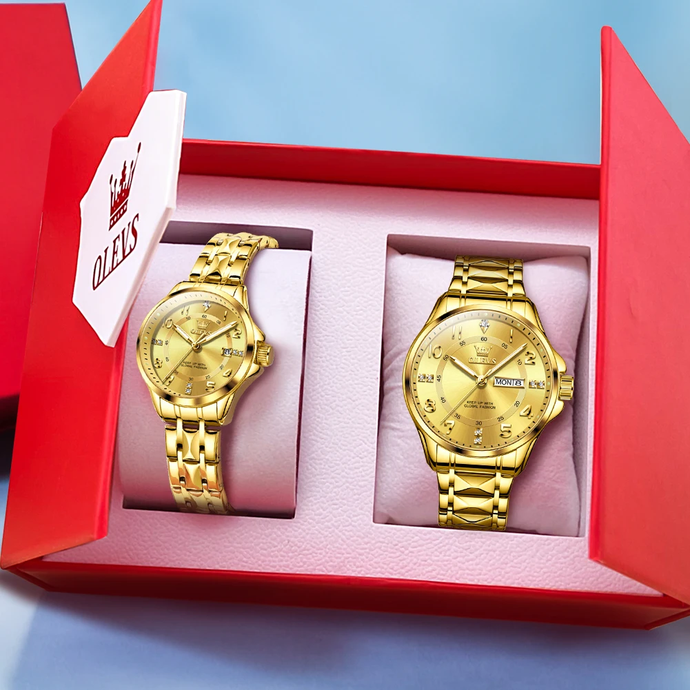 

OLEVS 2910 Luxury Couple Quartz Watch for Women Men Diamond Shaped Steel Strap Waterproof Calendar Wristwatch Lover's Gifts Sets