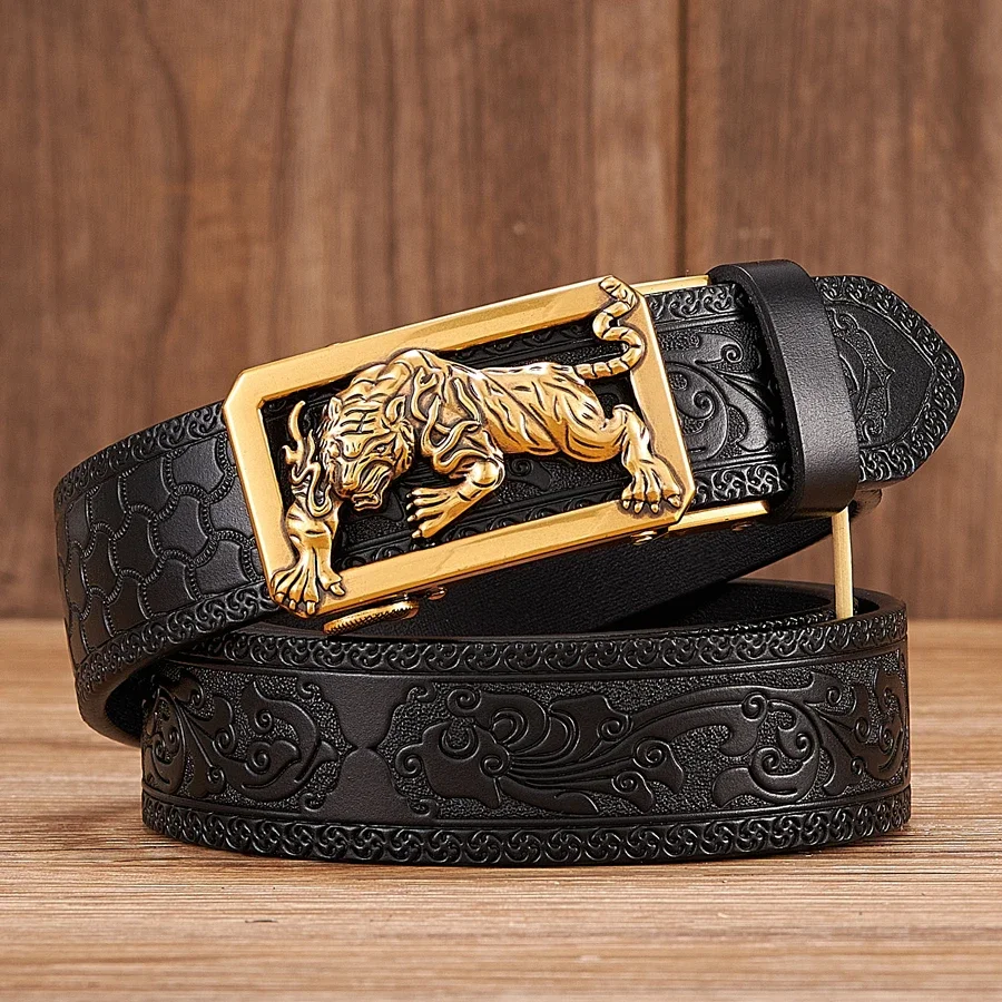 Fashion Tiger Buckle with Tang Grass Pattern Leather Belt for Men Work of Art Belt Automatic Buckle Business Men Designer Belts