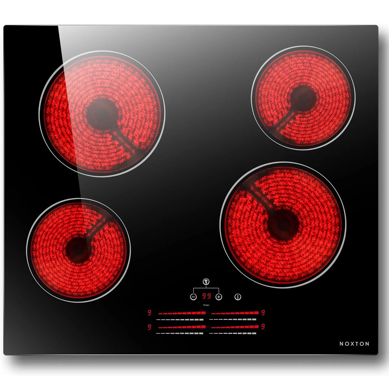 NOXTON Plaque de cuisson en céramique, 4 plaques, avec curseur de bande lumineuse, plaque de cuisson vitrocéramique, 60 cm, encastrable avec commande tactile, sécurité enfant, convient pour toutes les