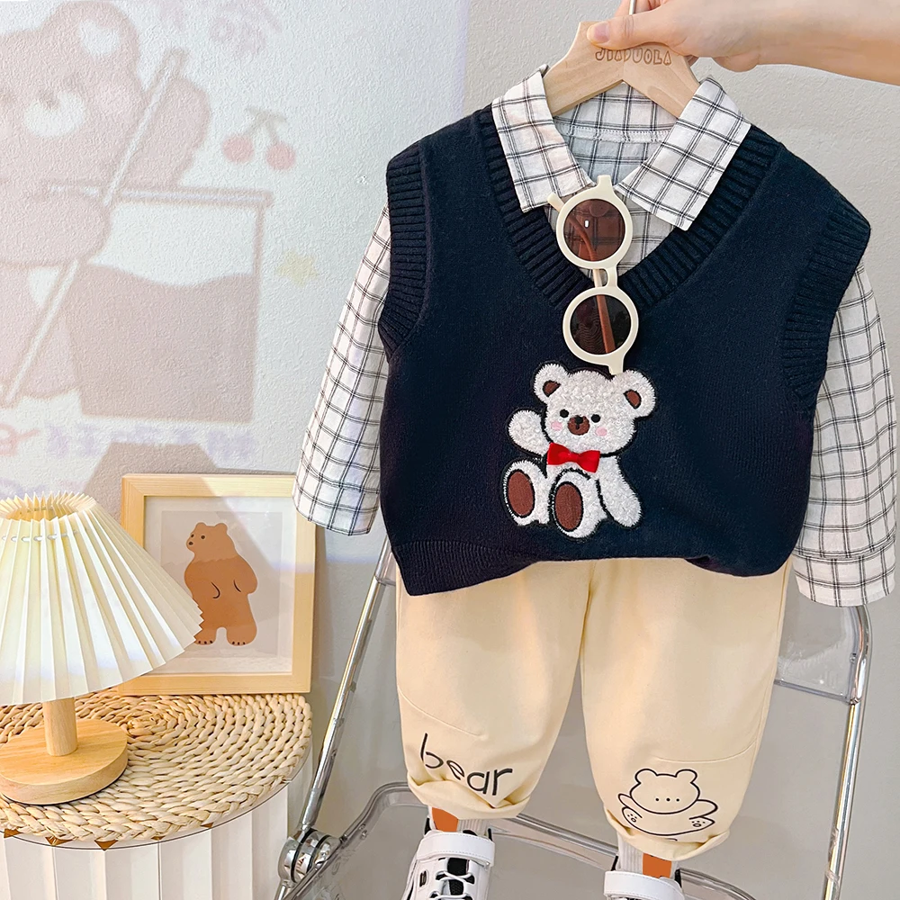 

Autumn Baby Boys Vest Plaid Shirt Pants 3 Pcs Suit Children Clothing Sets Toddler Infant Clothes Outfits Cartoon Kids Sportswear