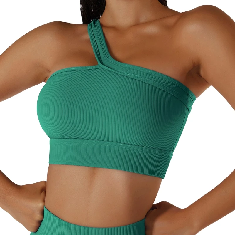 

Women's One Shoulder Yoga Sports Crop Top With Built In Bra Fashion Seamless Slim Fitness Tube Top Casual Running Vest