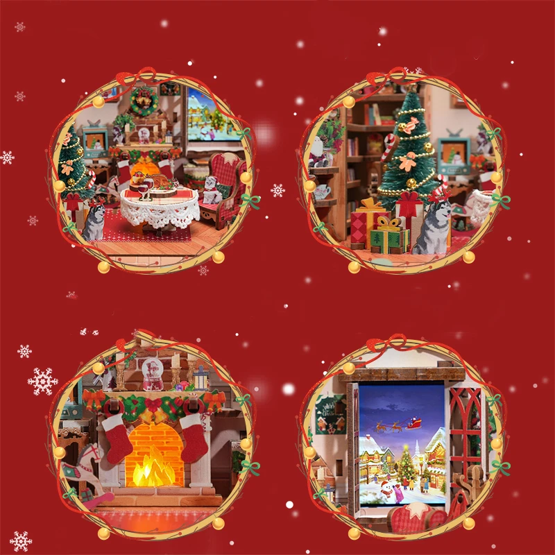 DIY Christmas Casa Wooden Doll Houses Miniature Building Kits with Furniture USB Power Sound Dollhouse for Adults Birthday Gifts 4