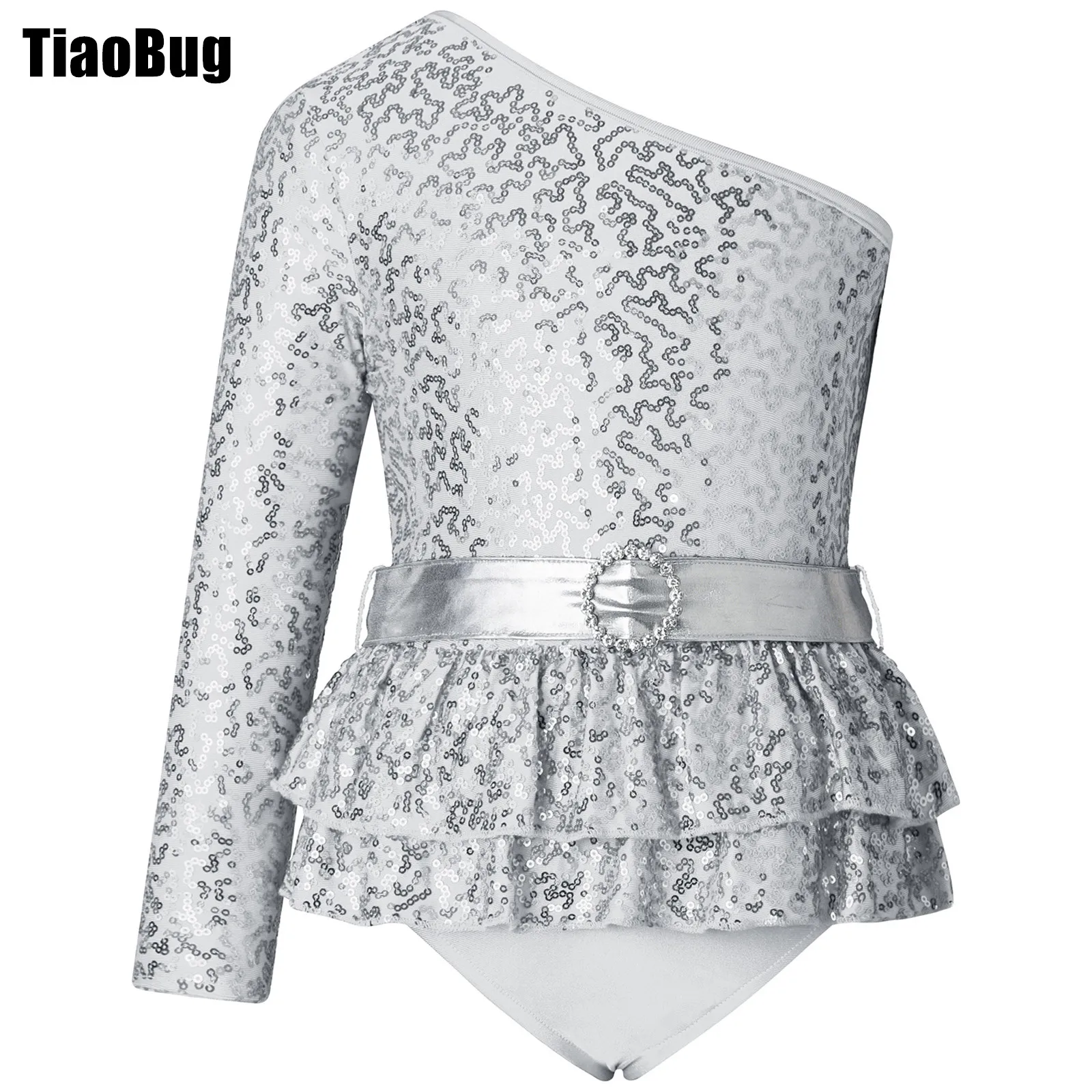 

Kids Girls Shiny Sequins Stylish Jumpsuit Single Long Sleeve Oblique Shoulder Tiered Ruffle Briefs Hem Dance Clothing