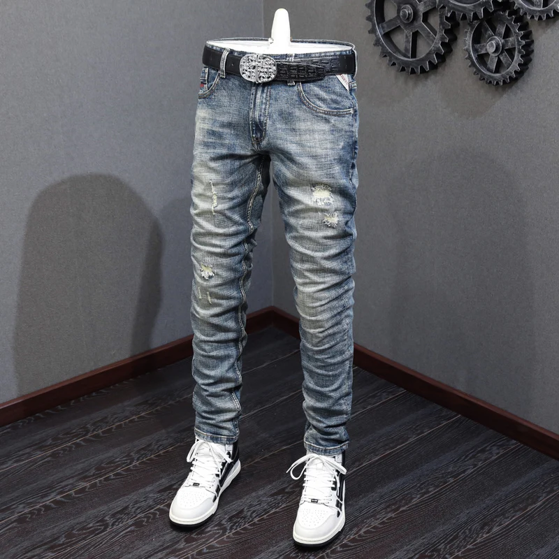 Fashion Designer Men Jeans High Quality Retro Blue Elastic Slim Patched Ripped Jeans Men Embroidery Vintage Denim Pants Hombre