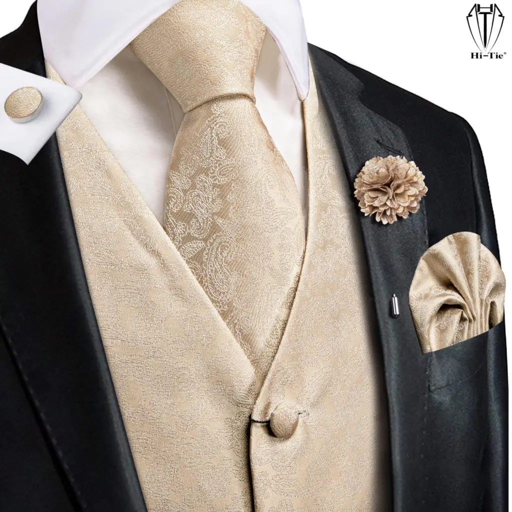 Hi-Tie High Quality Silk Mens Vests Champagne Paisley Waistcoat