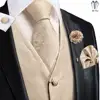 Hi-Tie High Quality Silk Mens Vests Champagne Paisley Waistcoat Neck Tie Hanky Cufflinks Brooch Set for Men Suit Wedding Office 1