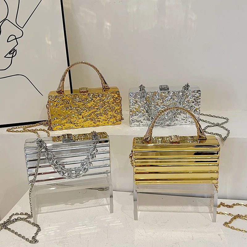 Luxury Gold Women Party Acrylic Box Evening Bag Women Metal Handle Clutch Hand Wallet Chain Shoulder Crossbody Bag Mini Box