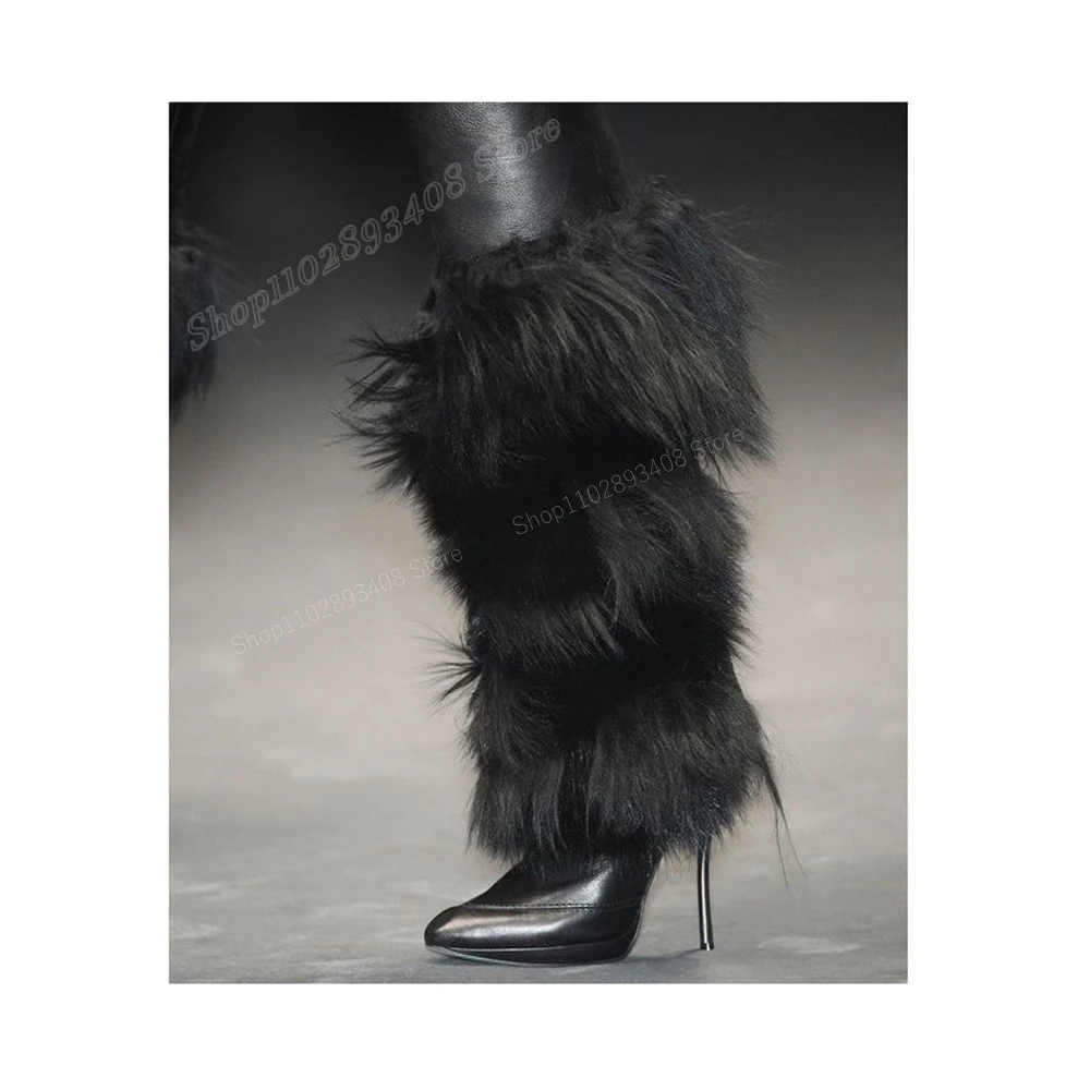 

Black Fur Decor Mid Calf Boots Pointed Toe Stiletto High Heel Runway Style Fashion Sexy Women Shoes 2024 New Zapatos Para Mujere