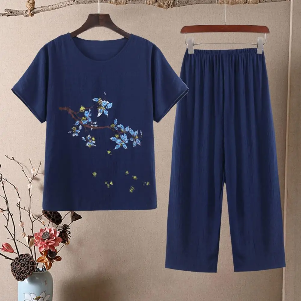 

2 Pieces/set Middle-aged And Elderly Women's Pajamas Suit O-neck Printed Short-sleeved Elastic Waist Loose Thin Wide-leg Suit