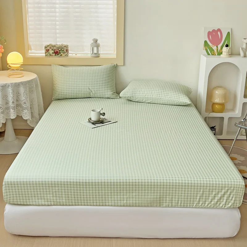 1PC Green Bed Sheet With Elastic Striped Fitted Sheet Skin-Friendly Brushed Bed Cover Queen/King Size постельное бельё набор 2
